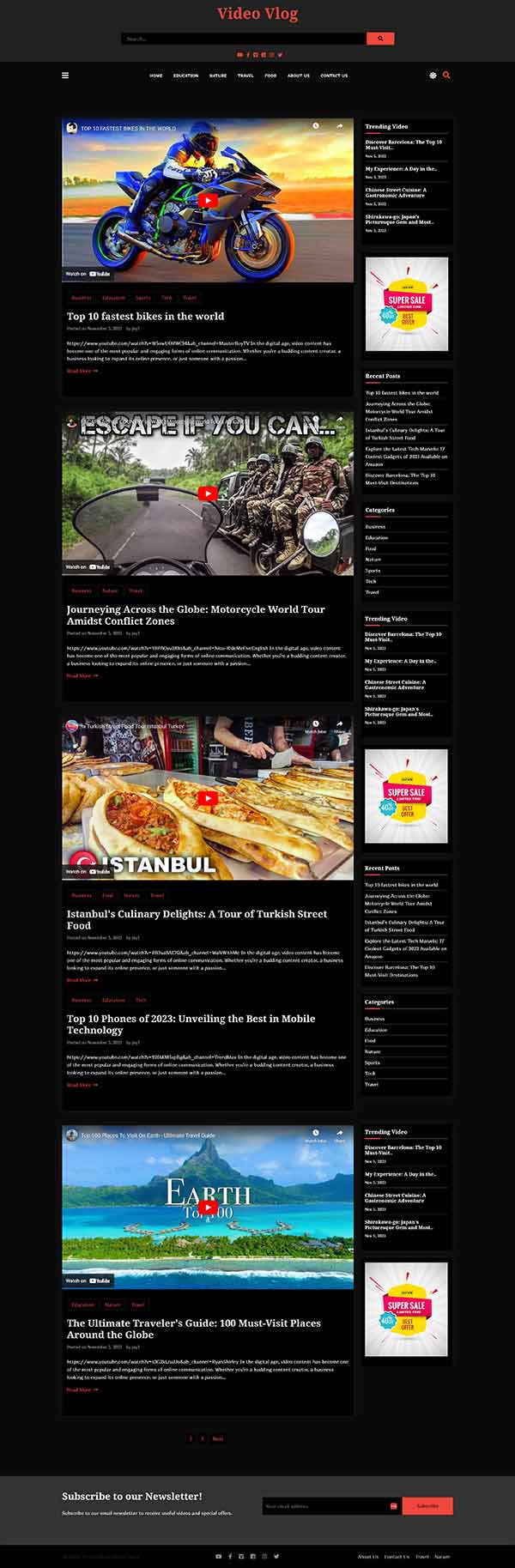 Video Vlog Dark Version Classic style WordPress theme